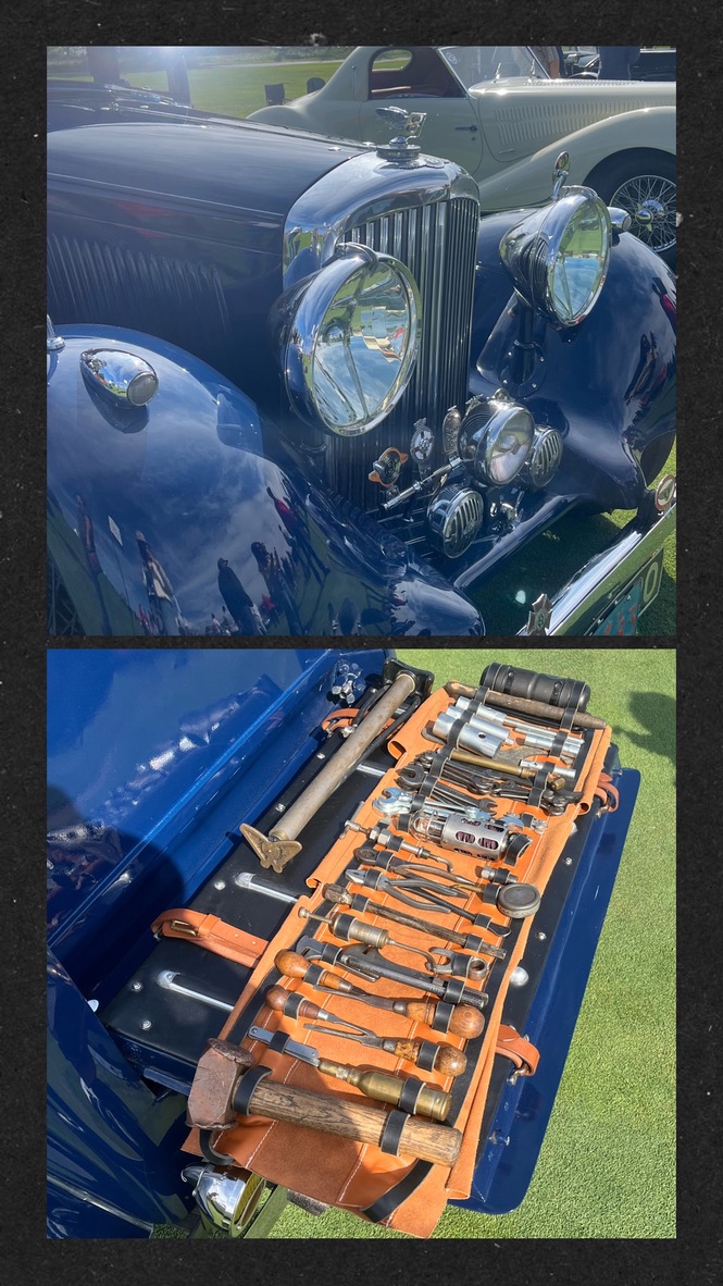 Classic Bentley with the tools displayed on the trunk